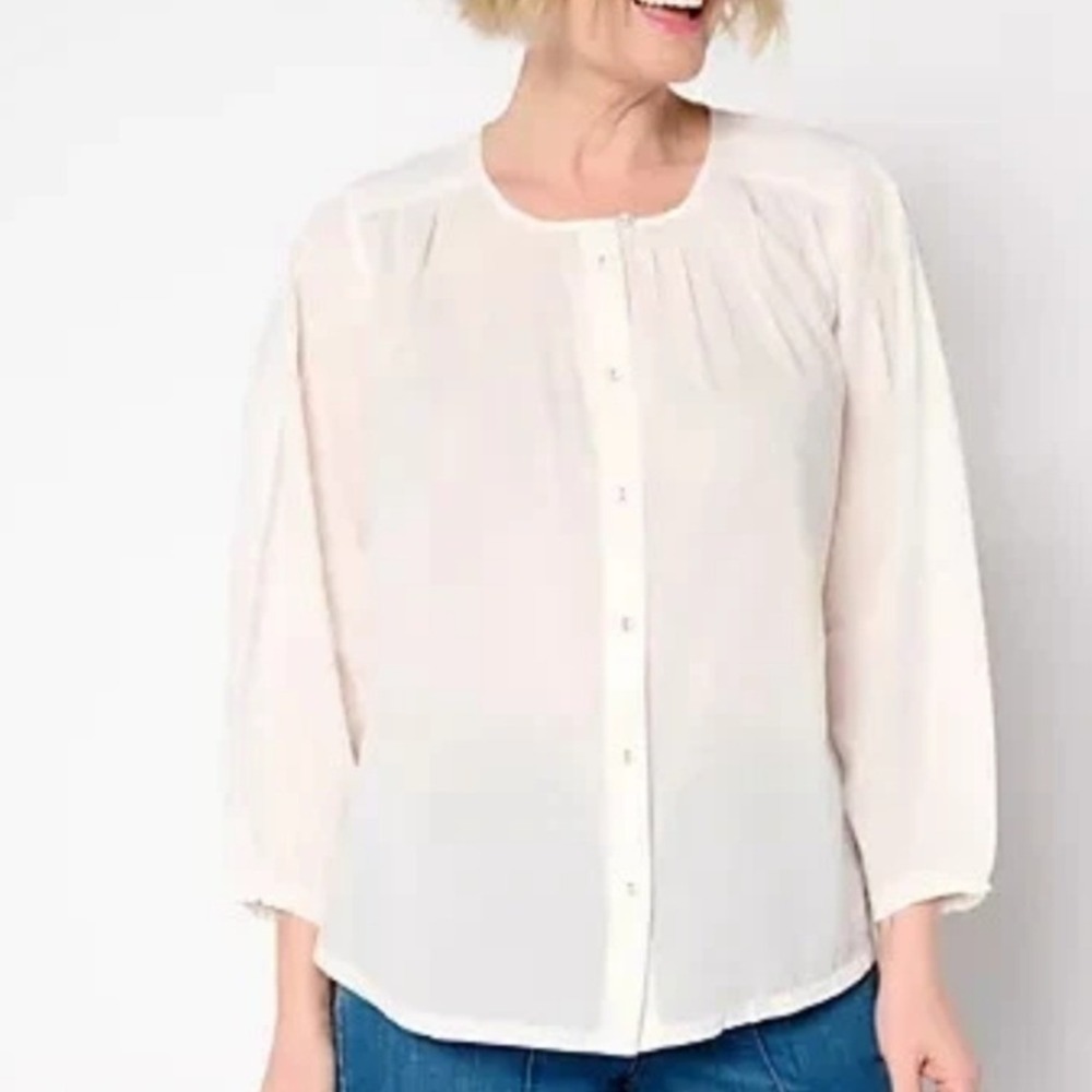 LOGO by Lori Goldstein Cotton Button Front Shirred Blouse Marshmallow XS A711810